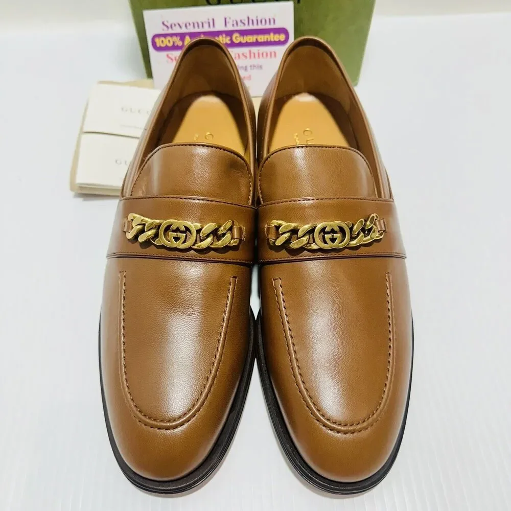 Gucci Chain Interlocking GG 9.5/ US 10 Loafer Brown Italian Leather Shoe NIB